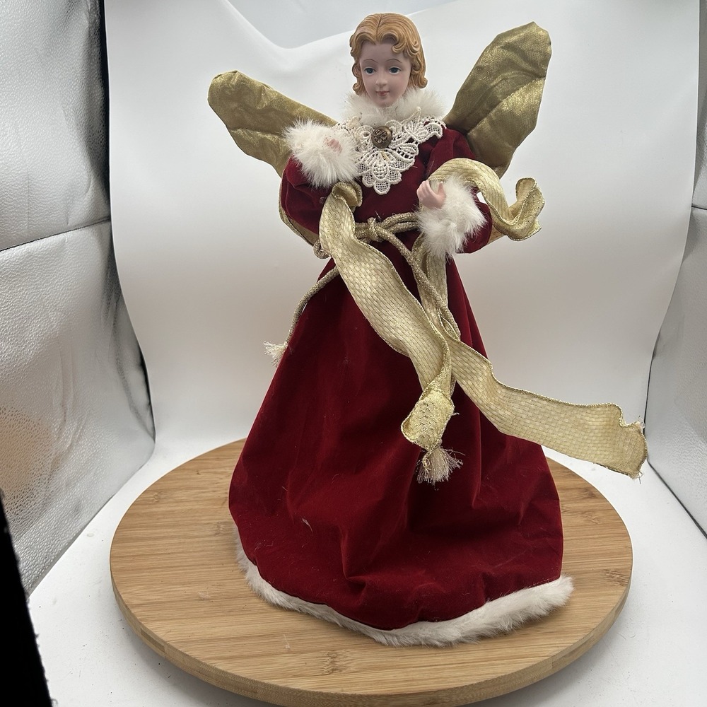 Vintage‎ 17" Victorian Christmas Tree Angel Topper Gold  Wings  Velvet Cape